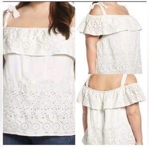 Lucky Brand Womens White Eyelet Off The Shoulder Ruffle W Ties Lined Top Size 2X